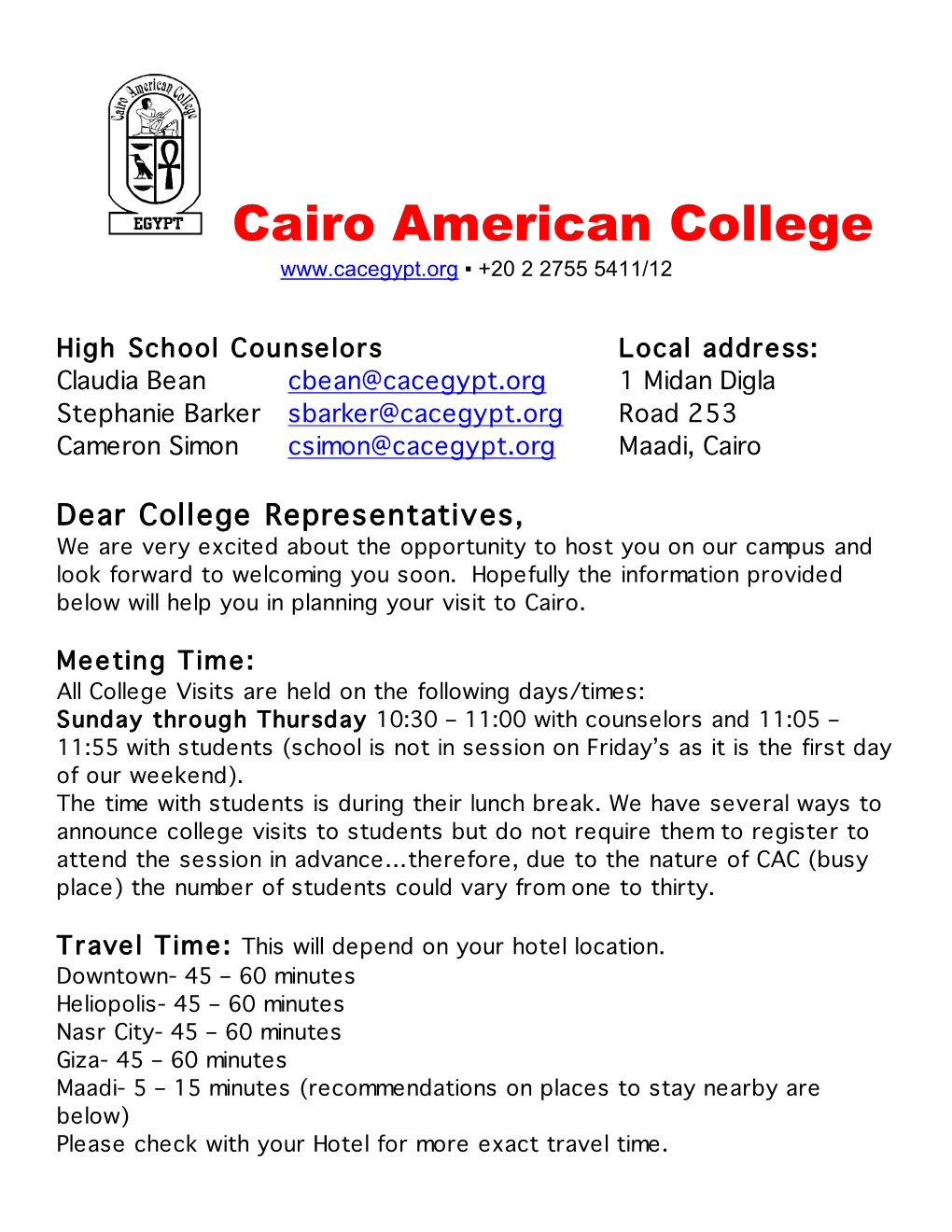 Cairo American College ▪ +20 2 2755 5411/12