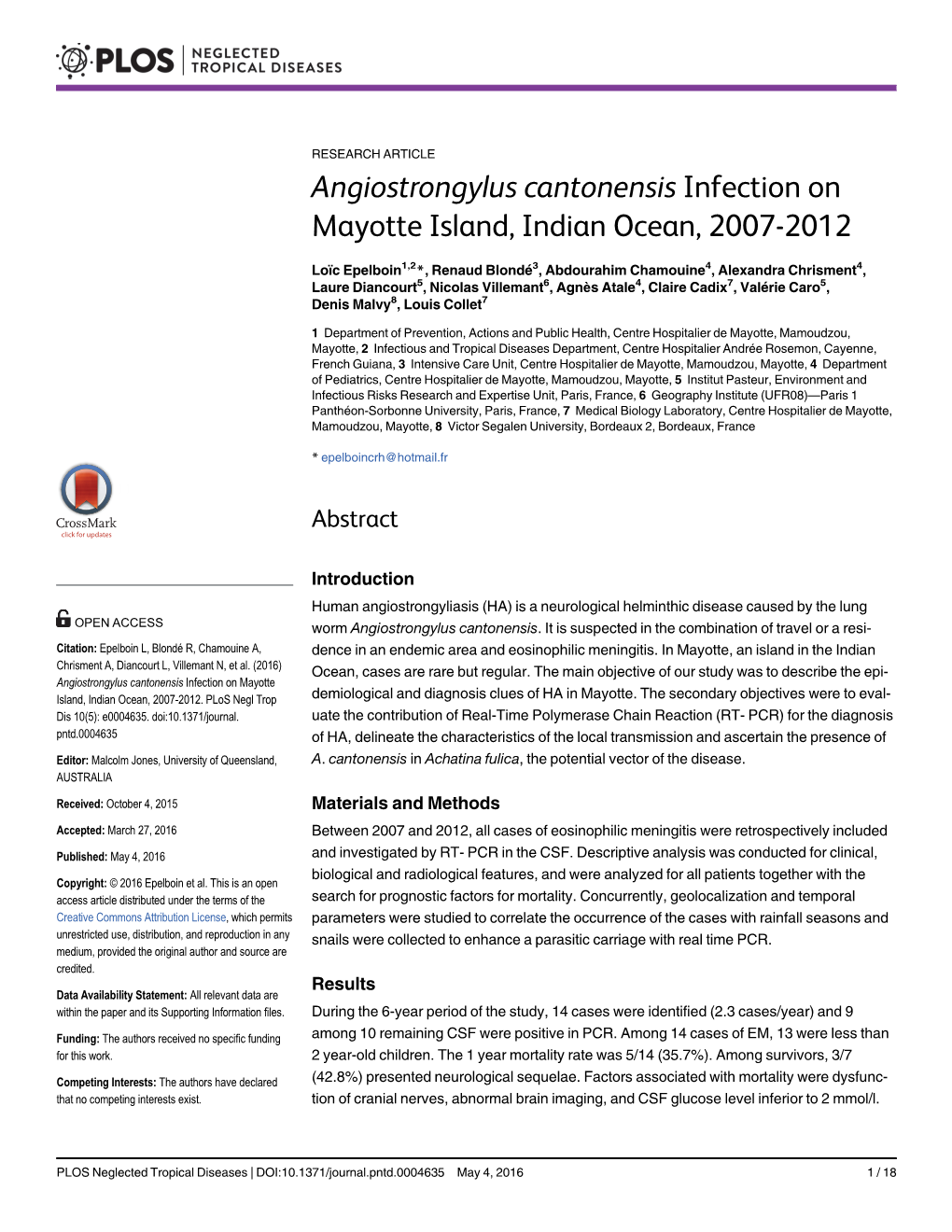 Angiostrongylus Cantonensis Infection on Mayotte Island, Indian Ocean, 2007-2012