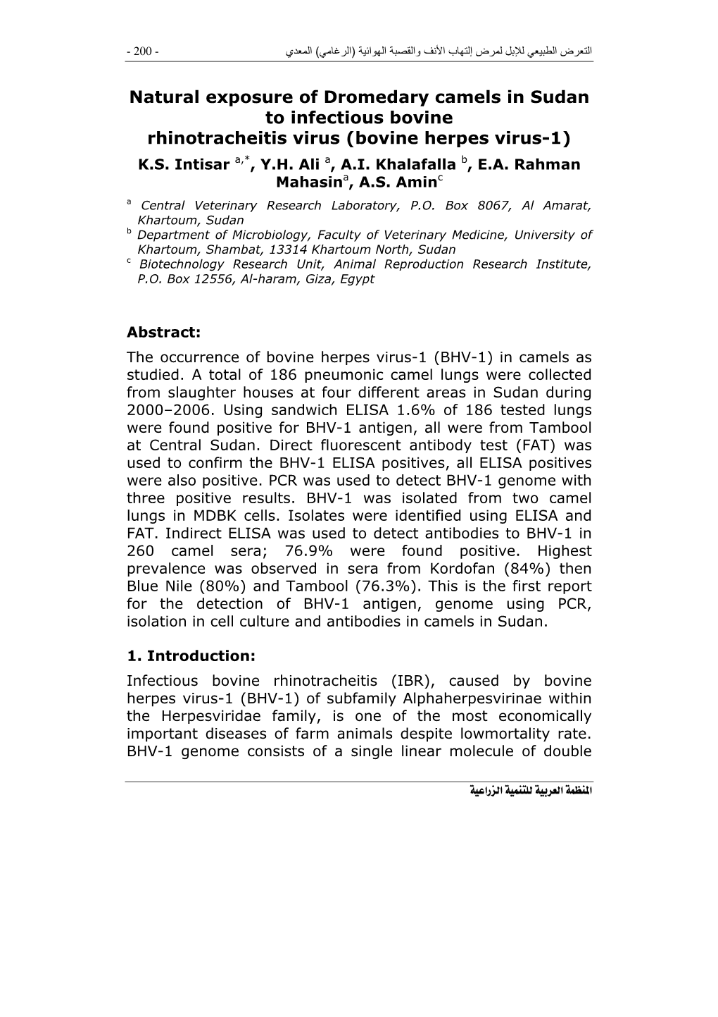 Natural Exposure of Dromedary Camels in Sudan to Infectious Bovine Rhinotracheitis Virus (Bovine Herpes Virus-1) K.S