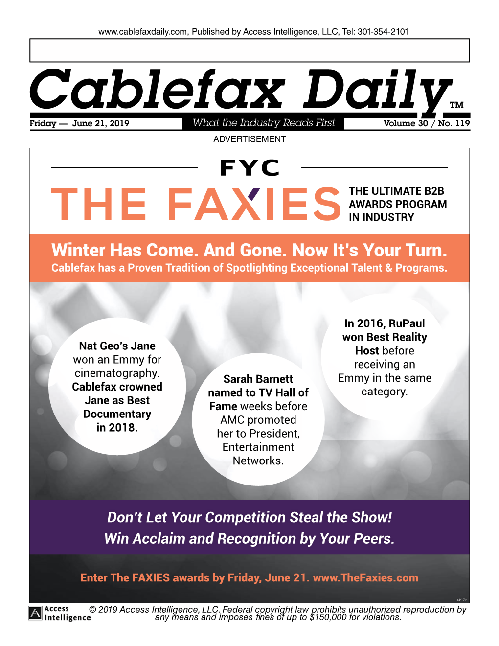 Cablefax Dailytm Friday — June 21, 2019 What the Industry Reads First Volume 30 / No