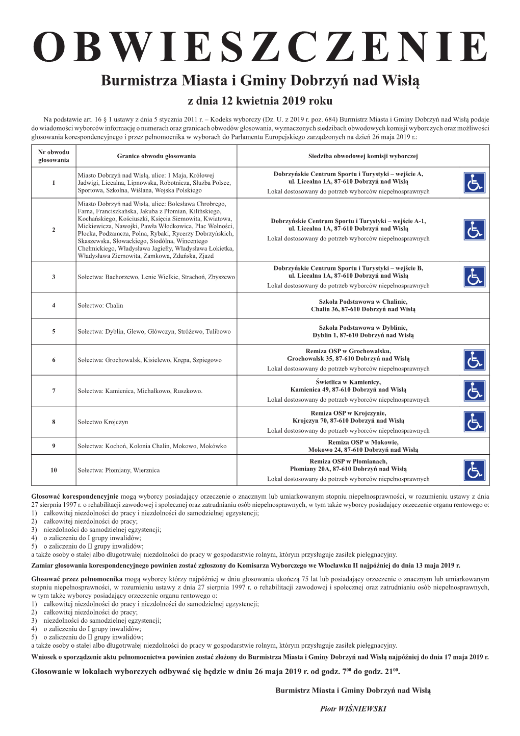 OBWIESZCZENIE Burmistrza Miasta I Gminy Dobrzyń Nad Wisłą Z Dnia 12 Kwietnia 2019 Roku