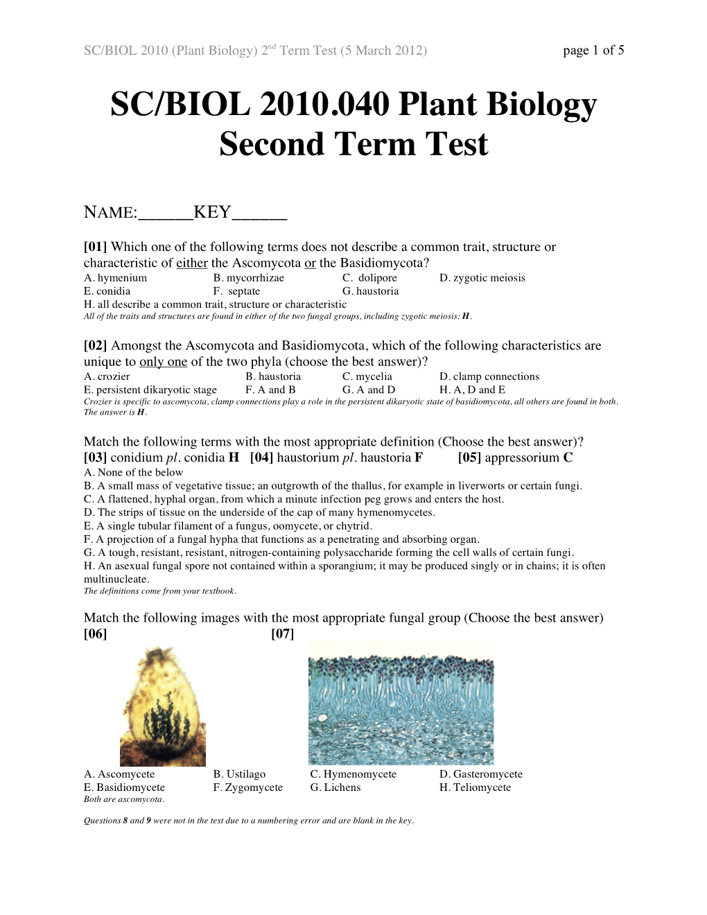 SC/BIOL 2010.040 Plant Biology Second Term Test