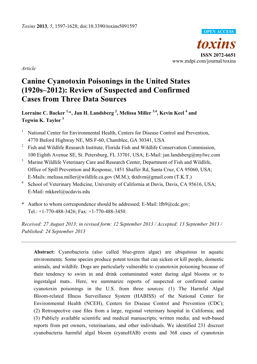 Canine Cyanotoxin Poisonings in the United States (1920S–2012): Review of Suspected and Confirmed Cases from Three Data Sources
