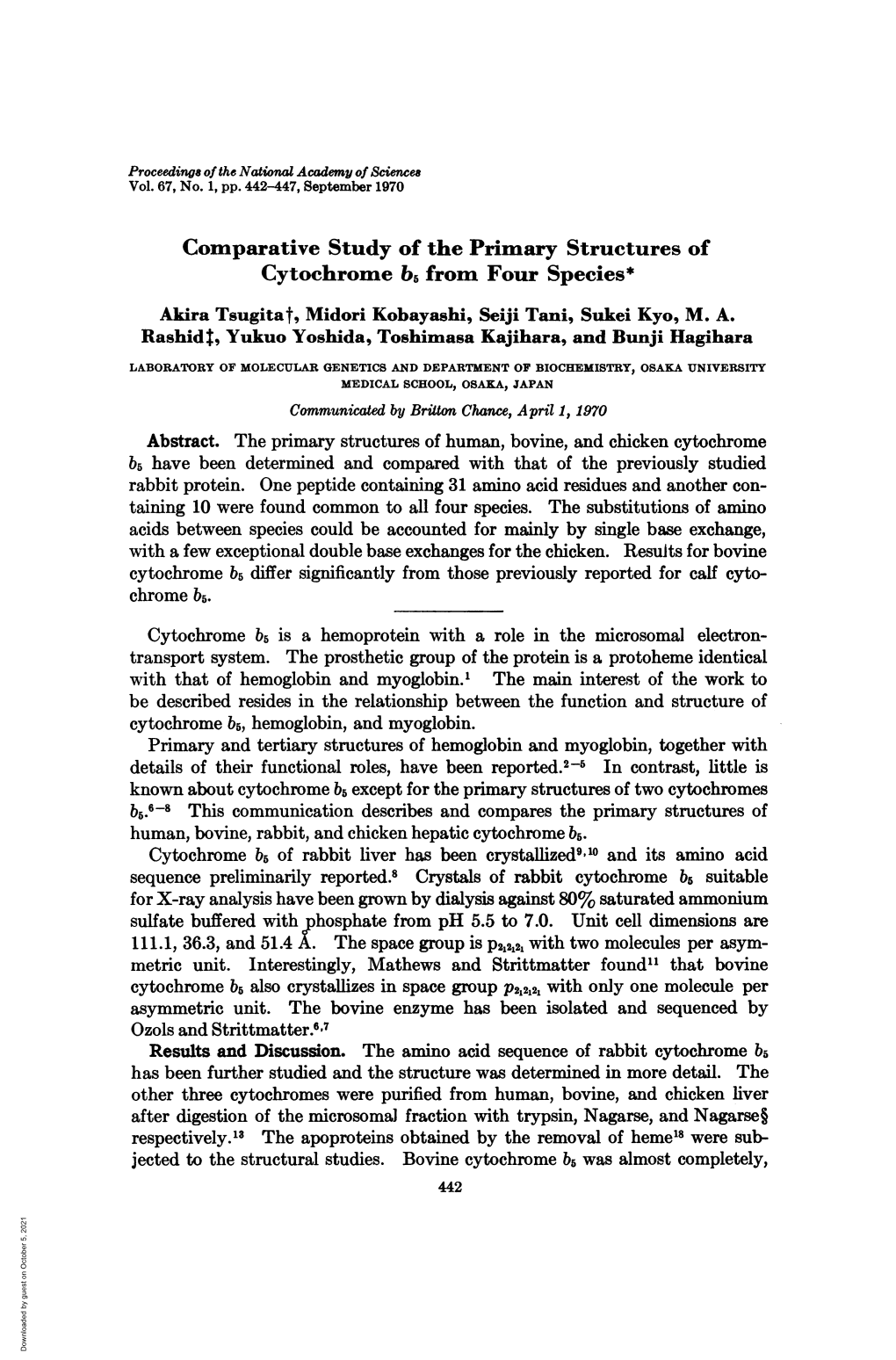 Comparative Study of the Primary Structures of Cytochrome B5 from Four Species* Akira Tsugitat, Midori Kobayashi, Seiji Tani, Sukei Kyo, M