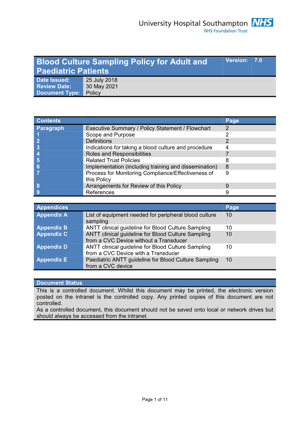 Blood Culture Sampling Policy for Adult and Paediatric Patients