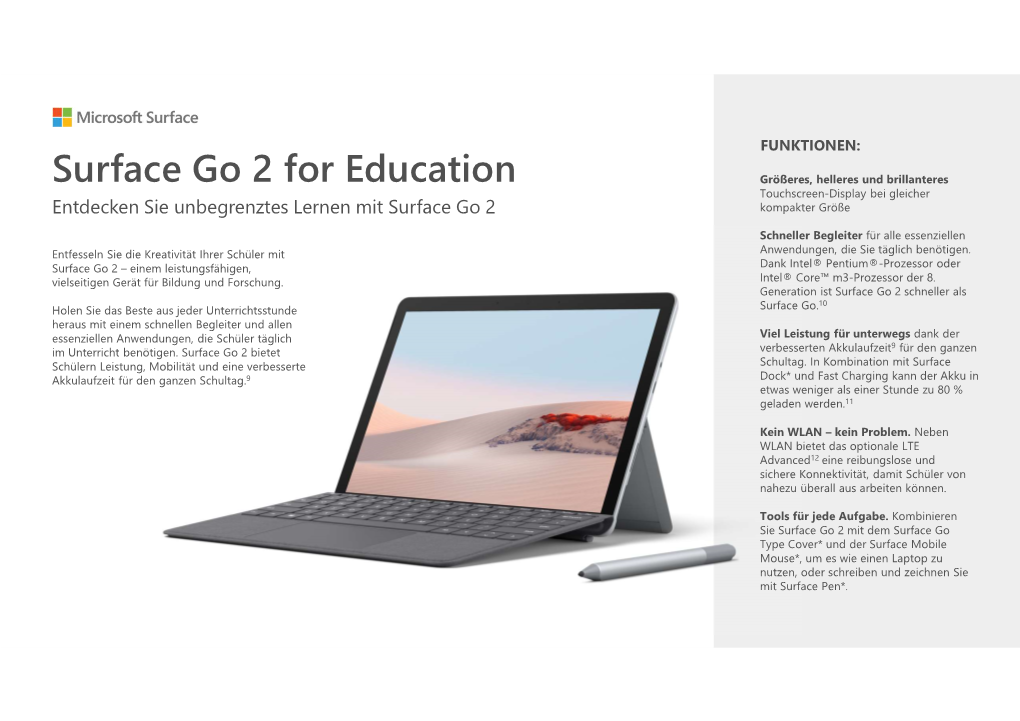 Surface Go 2 for Education Größeres, Helleres Und Brillanteres Touchscreen-Display Bei Gleicher Entdecken Sie Unbegrenztes Lernen Mit Surface Go 2 Kompakter Größe