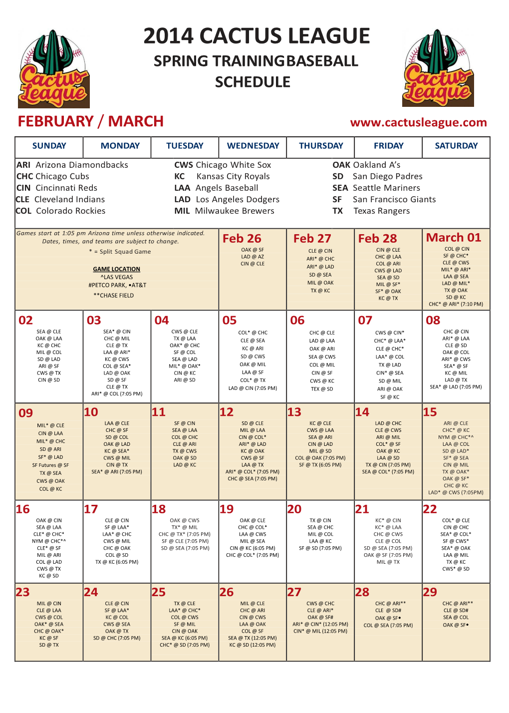 Cactus League Schedule 2014