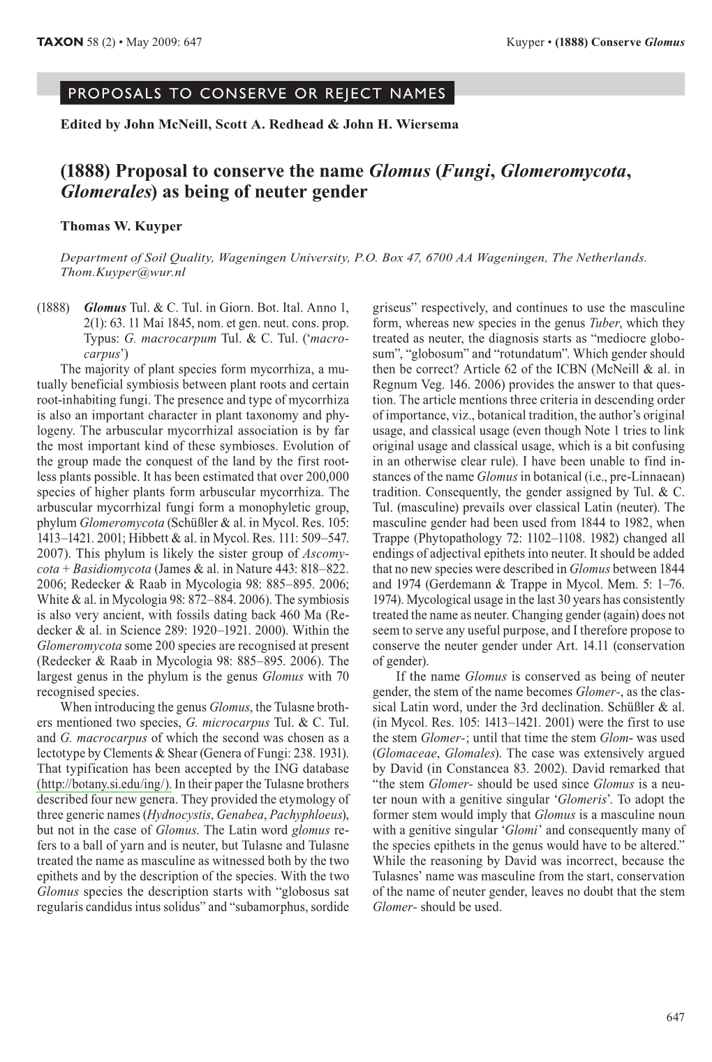 Fungi, Glomeromycota, Glomerales) As Being of Neuter Gender