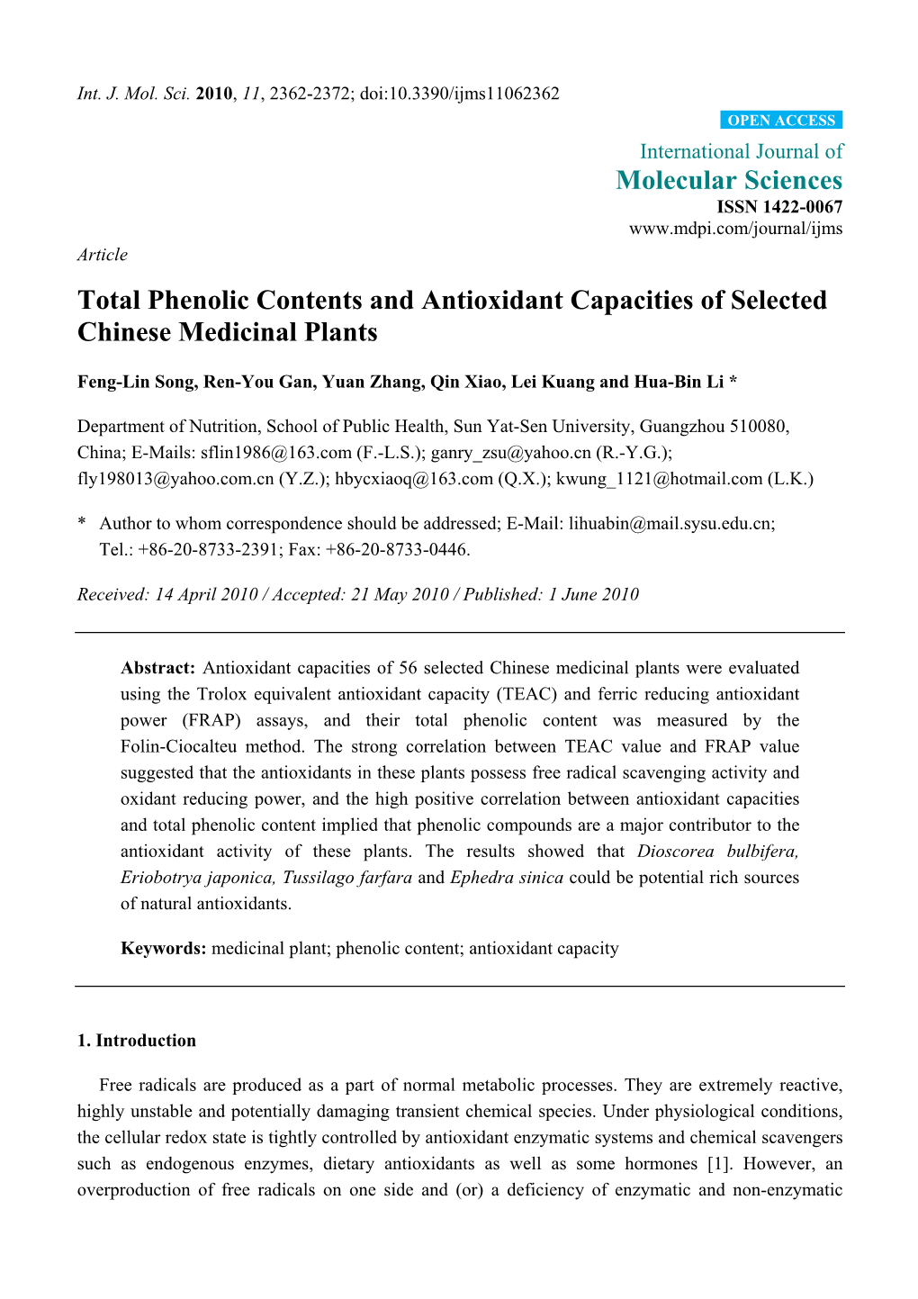 Total Phenolic Contents and Antioxidant Capacities of Selected Chinese Medicinal Plants