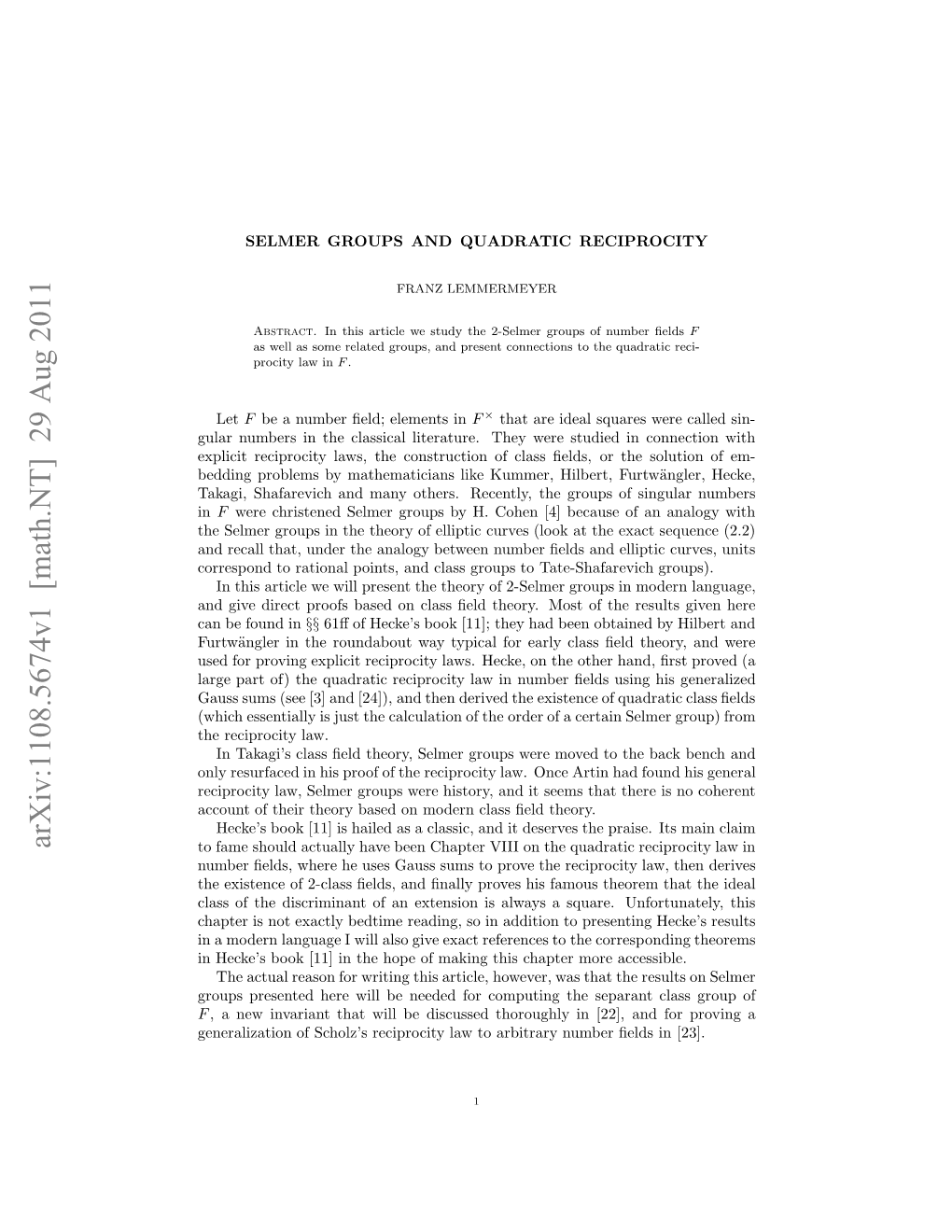 Selmer Groups and Quadratic Reciprocity 3