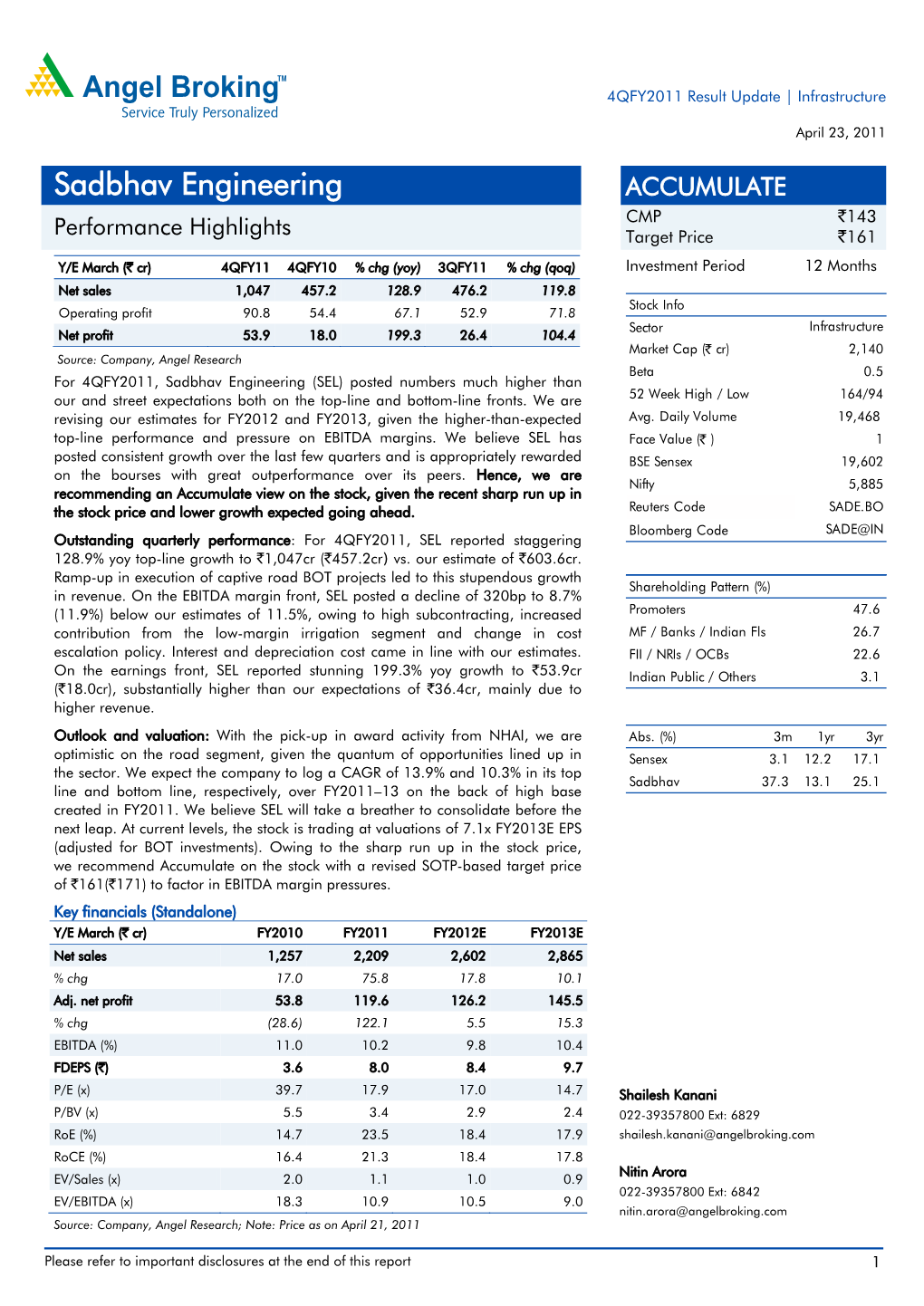 Sadbhav Engineering a CCUMULATE CMP `143 Performance Highlights Target Price `161