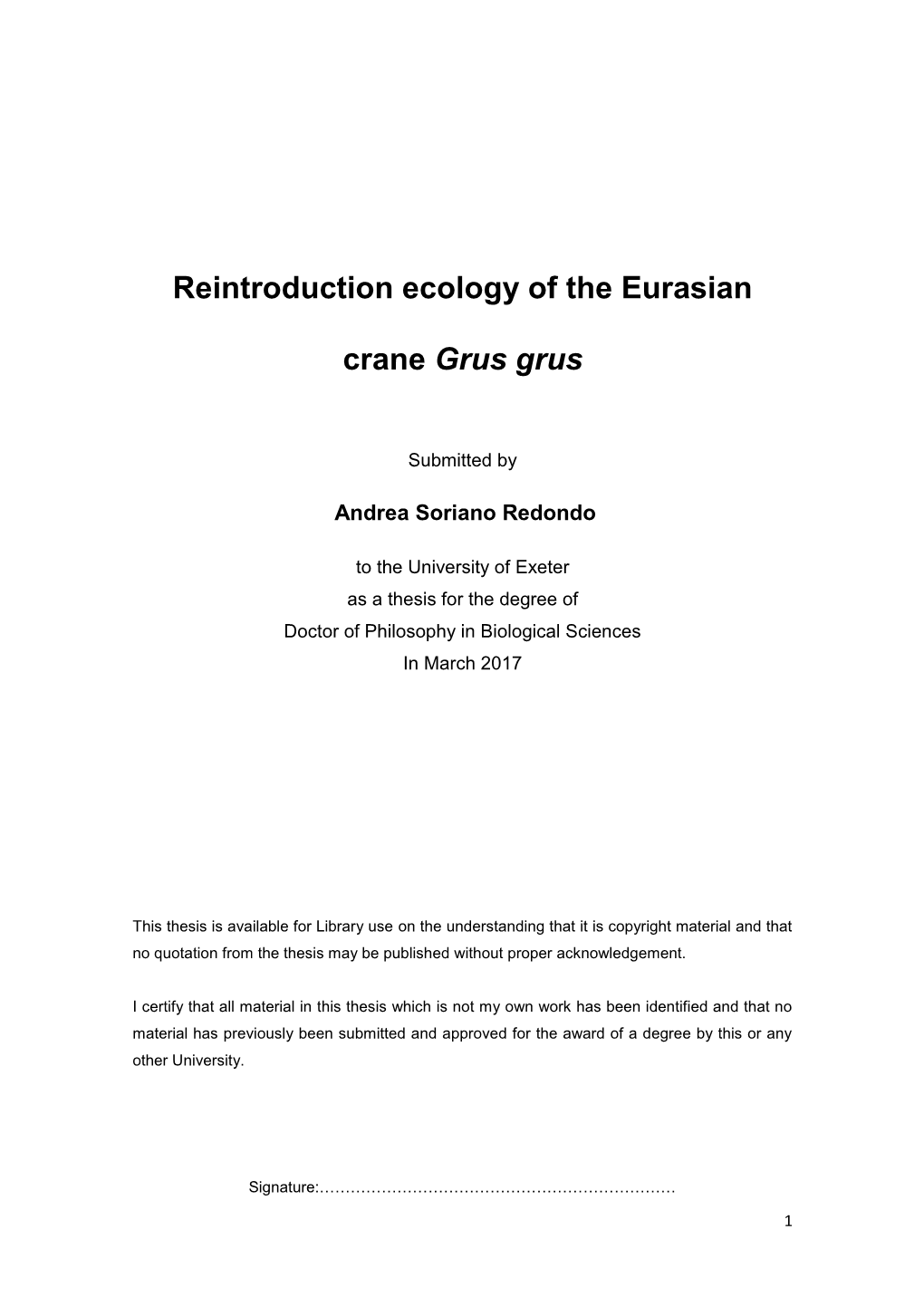 Reintroduction Ecology of the Eurasian Crane Grus Grus