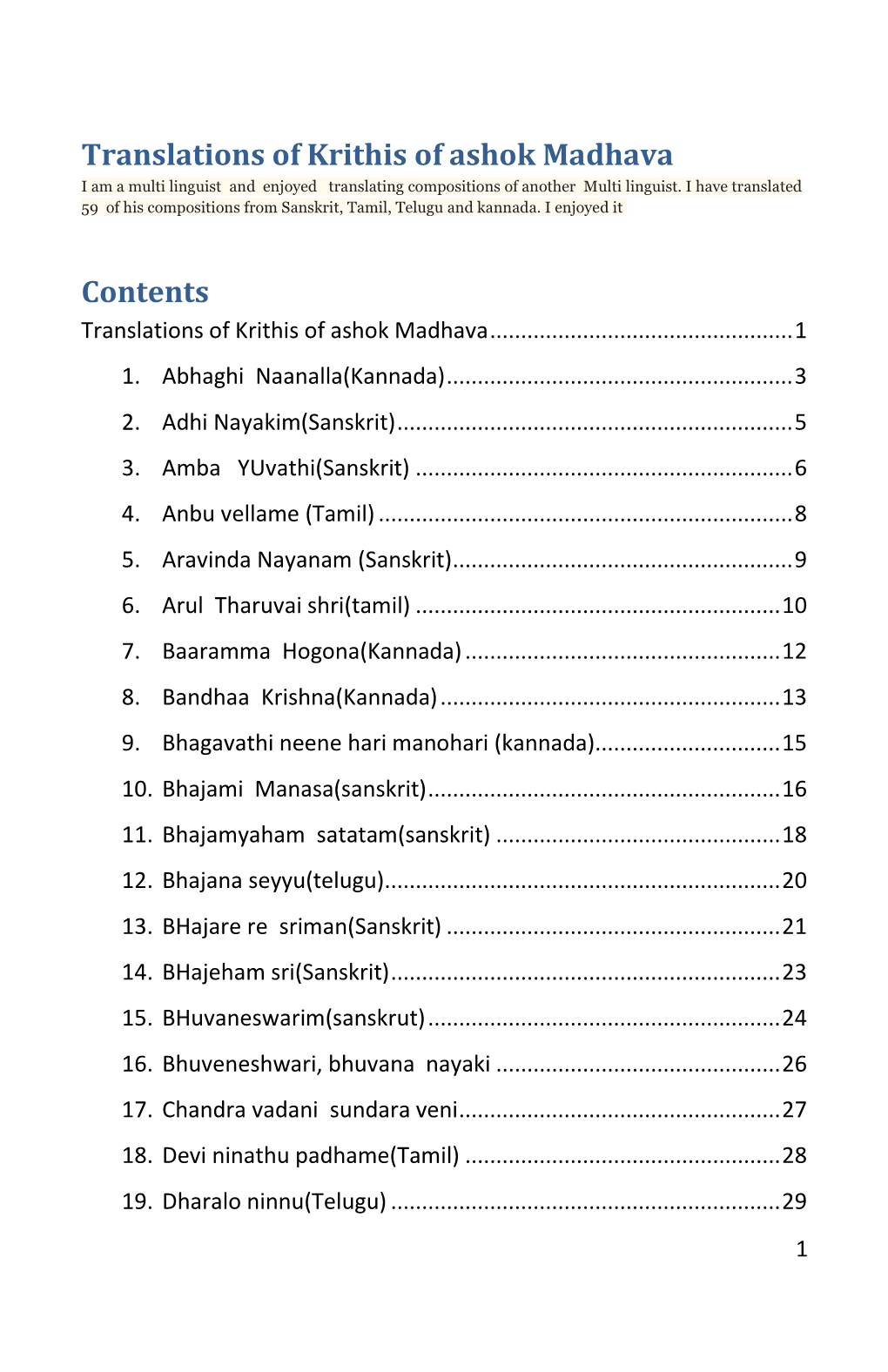 Translations of Krithis of Ashok Madhava Contents