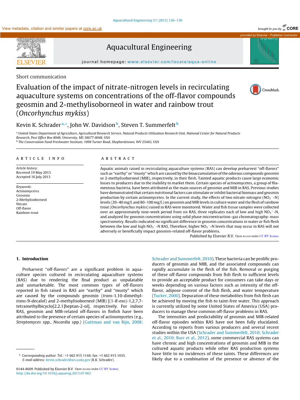 Evaluation of the Impact of Nitrate-Nitrogen Levels in Recirculating Aquaculture Systems on Concentrations of the Off-Flavor