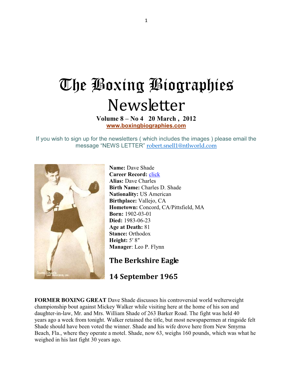 The Boxing Biographies Newsletter Volume 8 – No 4 20 March , 2012