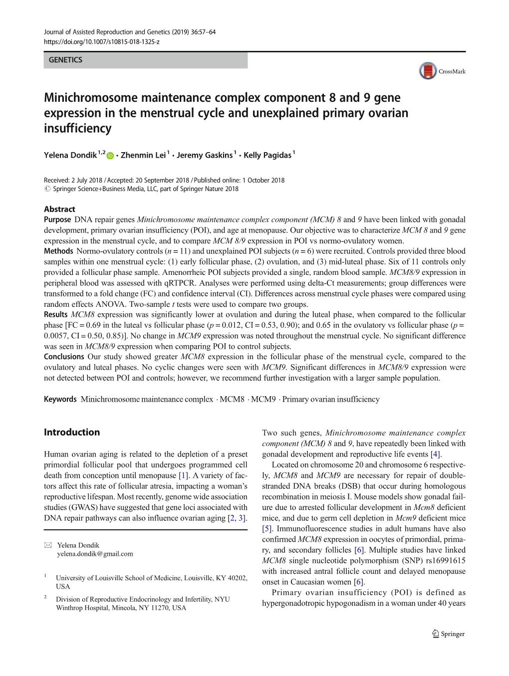 Minichromosome Maintenance Complex Component 8 and 9 Gene Expression in the Menstrual Cycle and Unexplained Primary Ovarian Insufficiency
