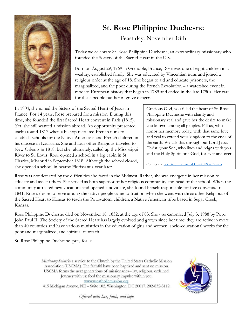 St. Rose Philippine Duchesne Feast Day: November 18Th