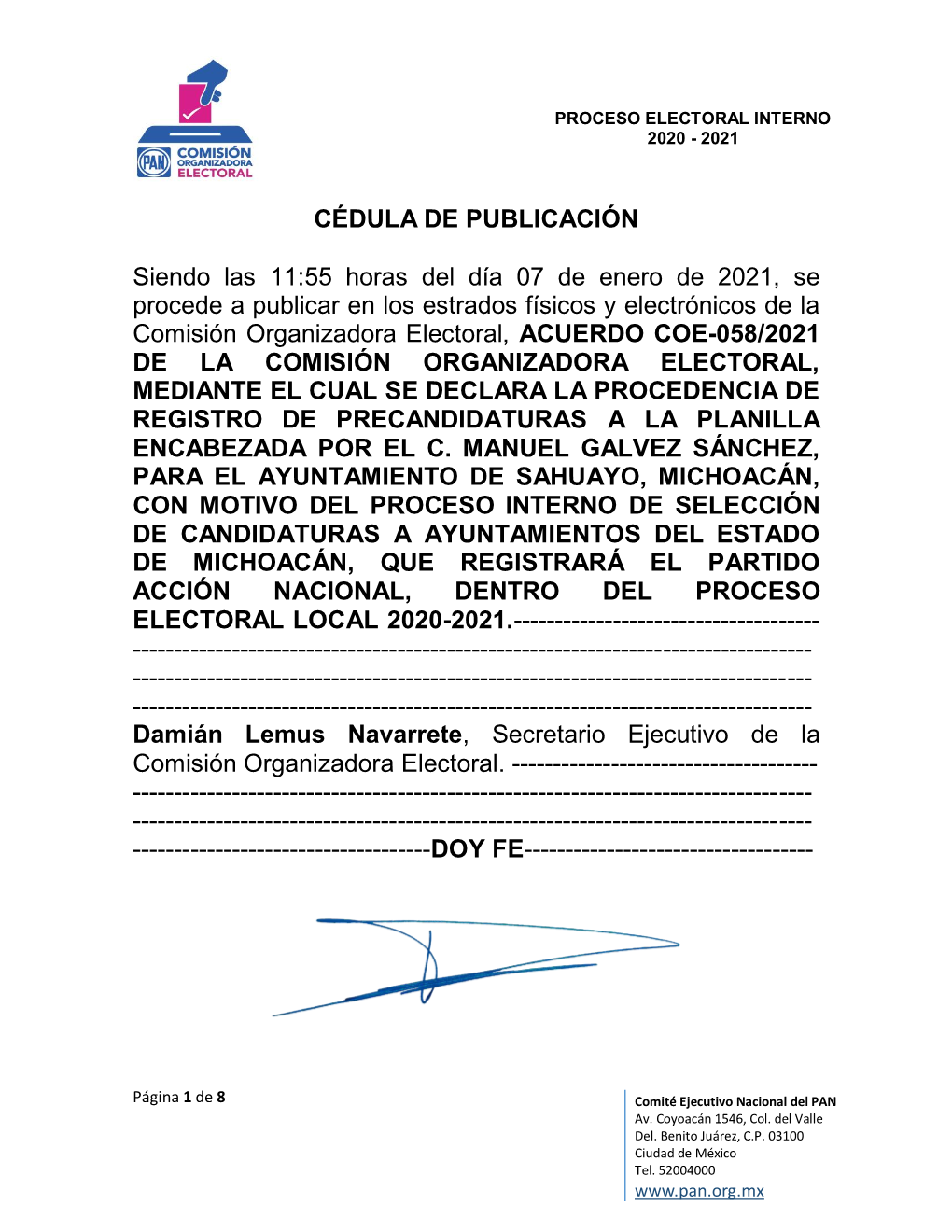 CÉDULA DE PUBLICACIÓN Siendo Las 11:55 Horas Del Día 07 De Enero