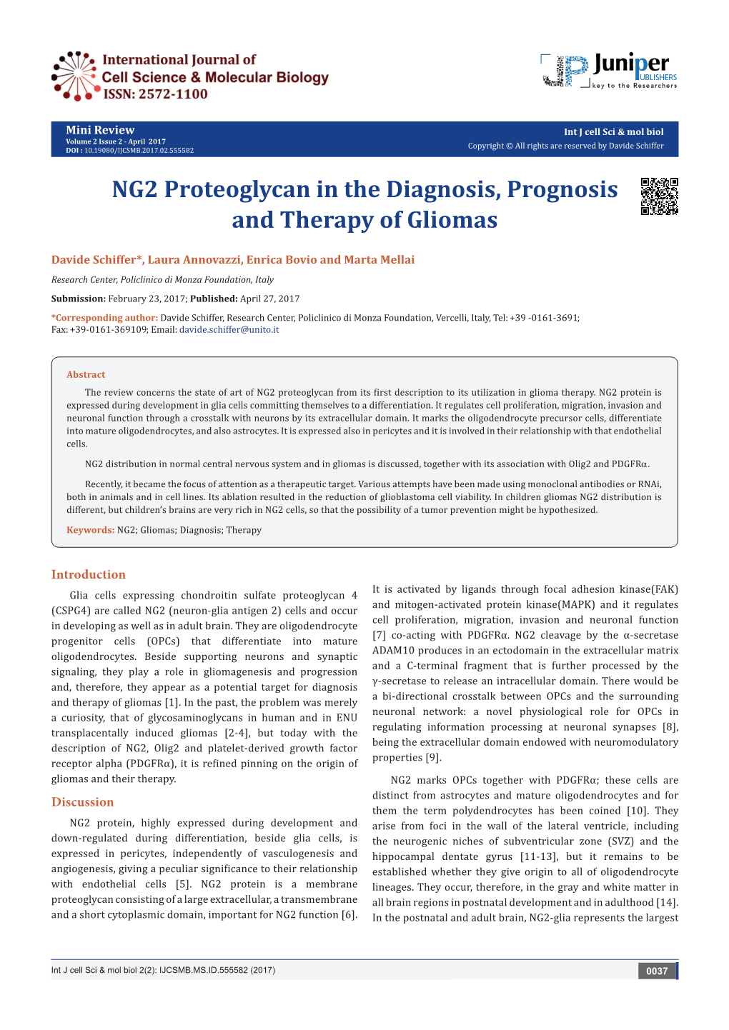 NG2 Proteoglycan in the Diagnosis, Prognosis and Therapy of Gliomas