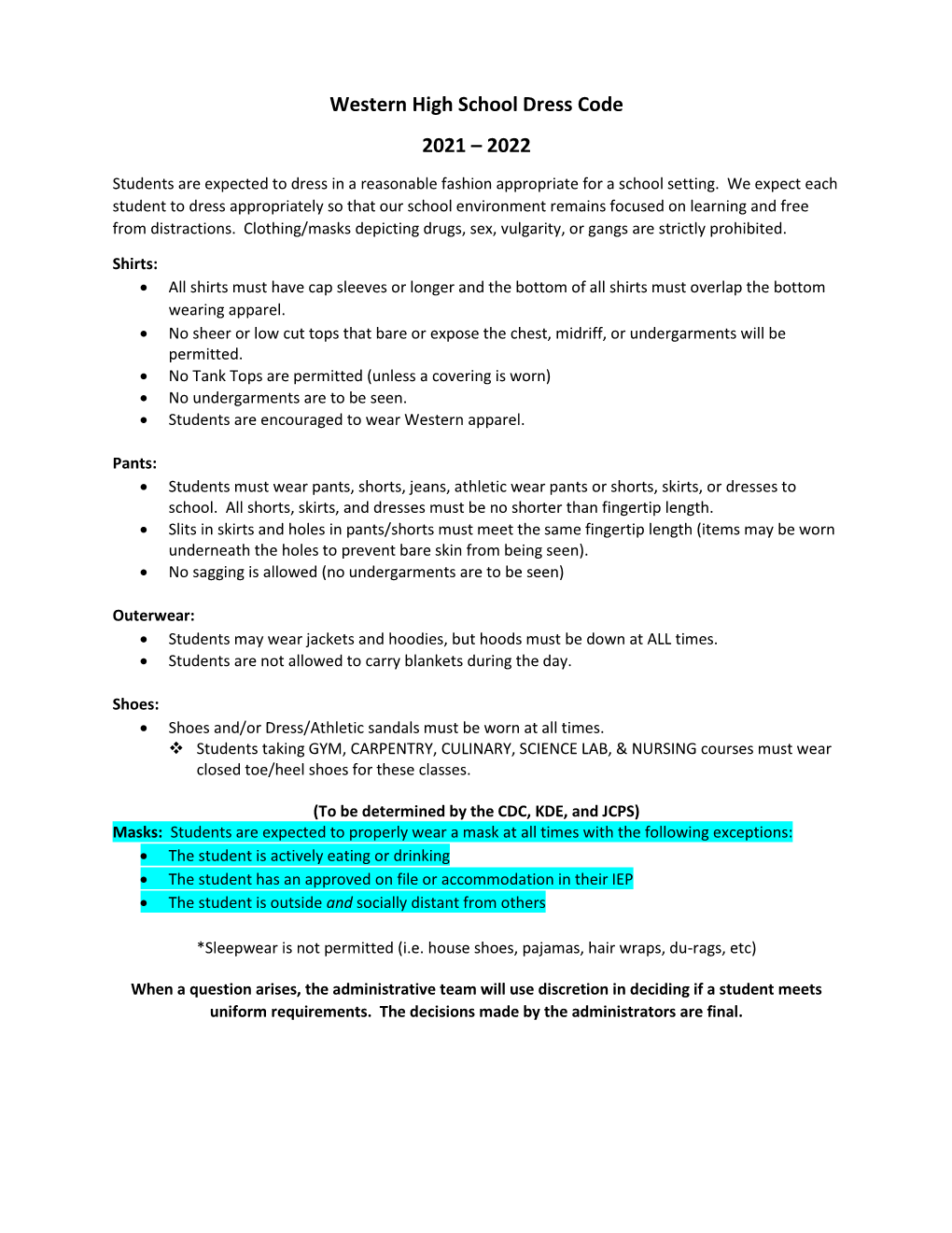 Western High School Dress Code 2021 – 2022