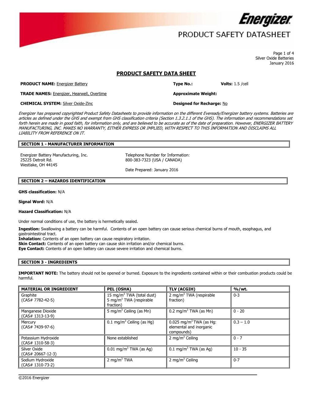 Page 1 of 4 Silver Oxide Batteries January 2016