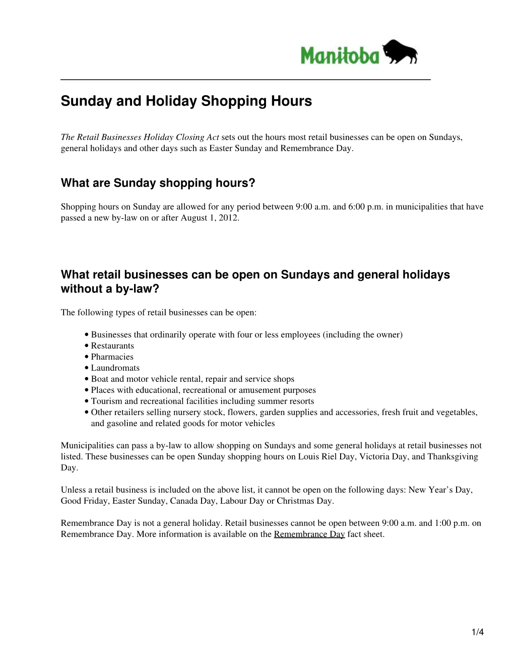 Employment Standards | Sunday and Holiday Shopping Hours