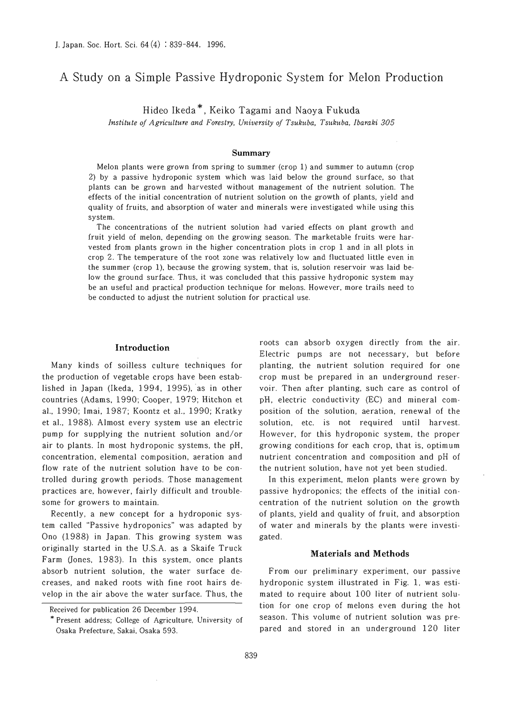 A Study on a Simple Passive Hydroponic System for Melon Production