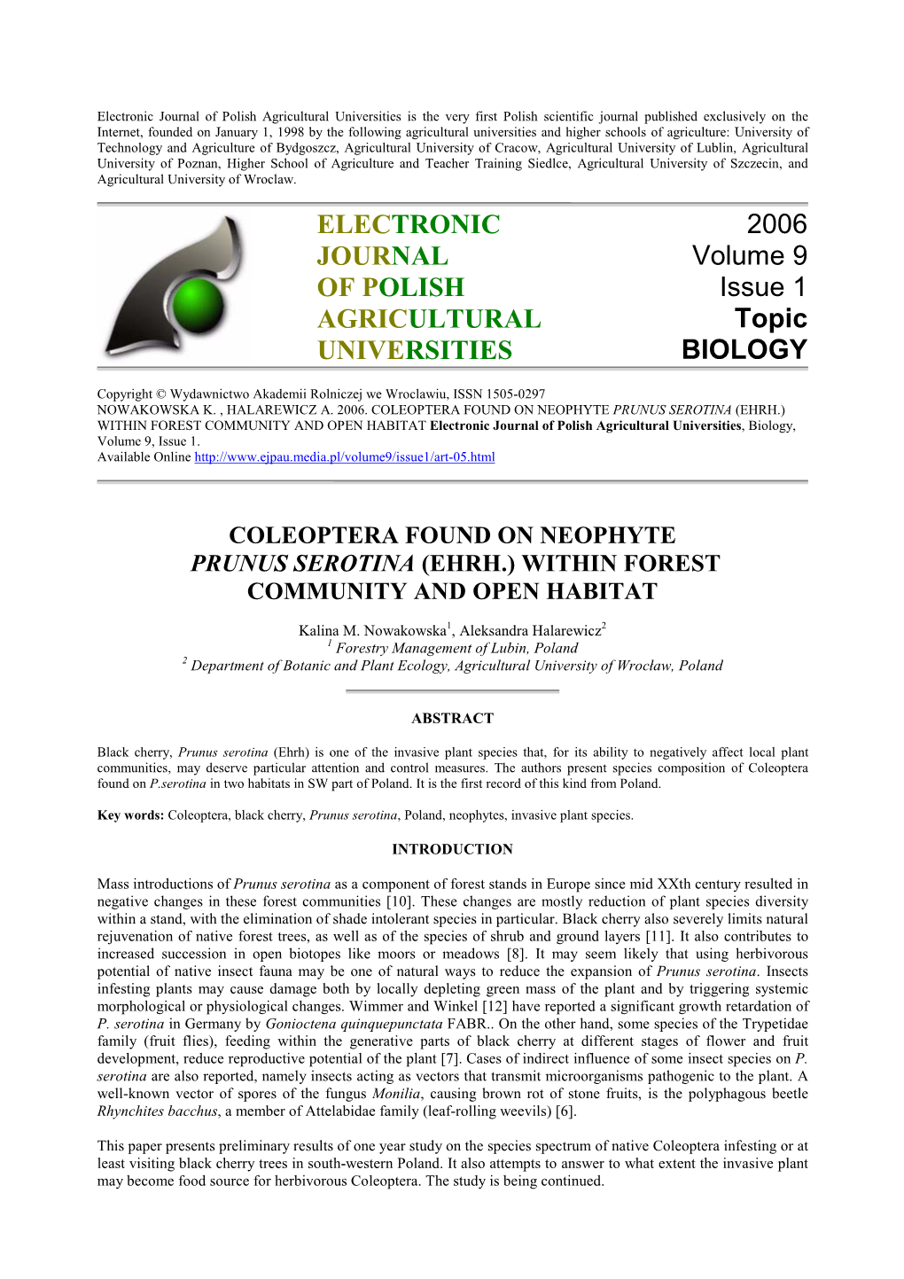 ELECTRONIC JOURNAL of POLISH AGRICULTURAL UNIVERSITIES 2006 Volume 9 Issue 1 Topic BIOLOGY