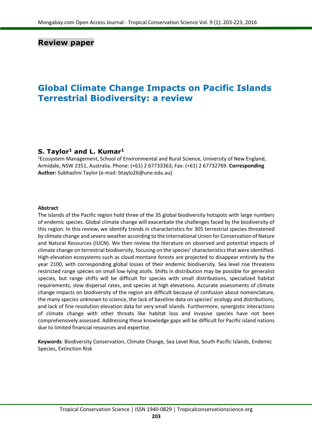 Global Climate Change Impacts on Pacific Islands Terrestrial Biodiversity: a Review