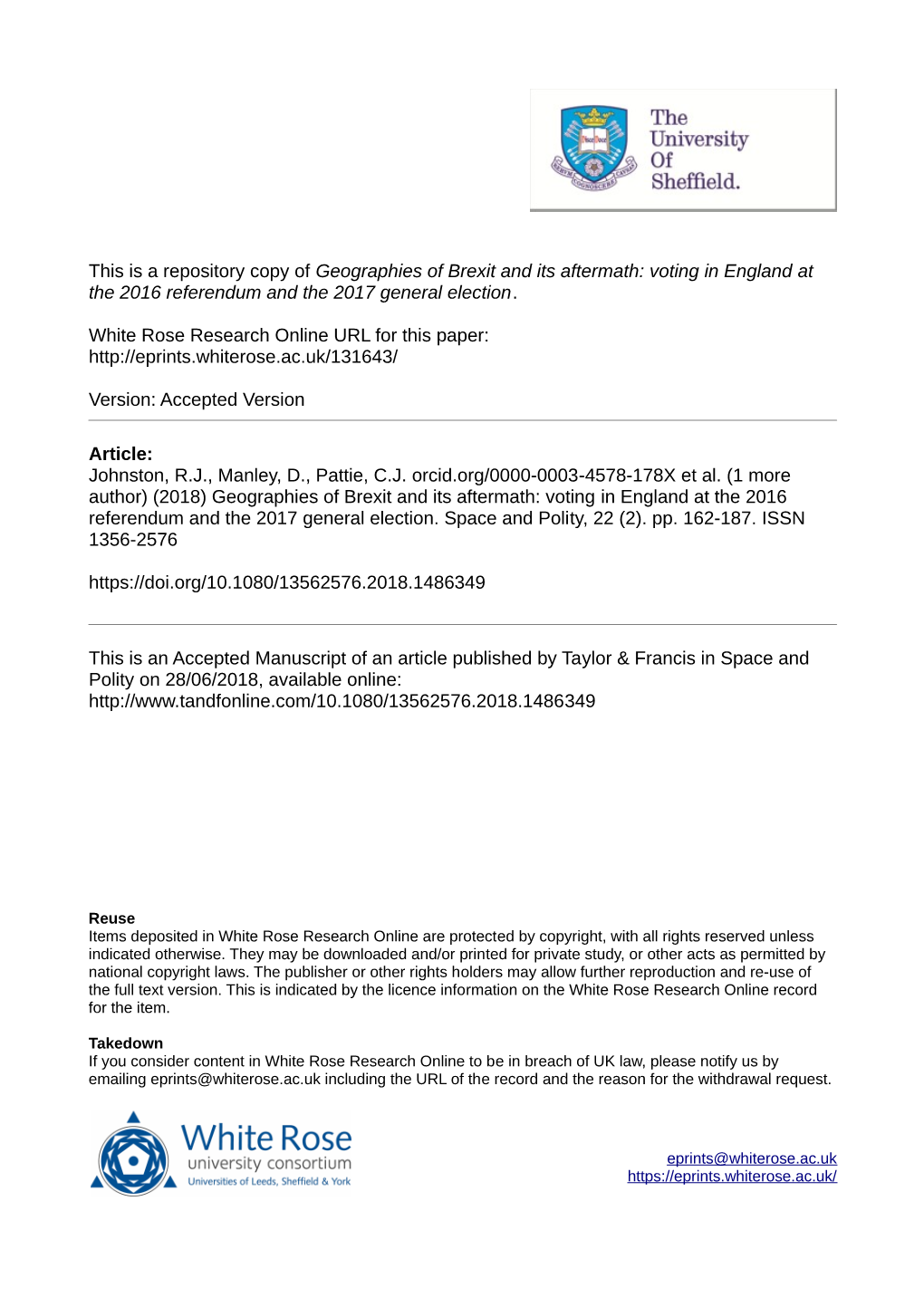 Geographies of Brexit and Its Aftermath: Voting in England at the 2016 Referendum and the 2017 General Election