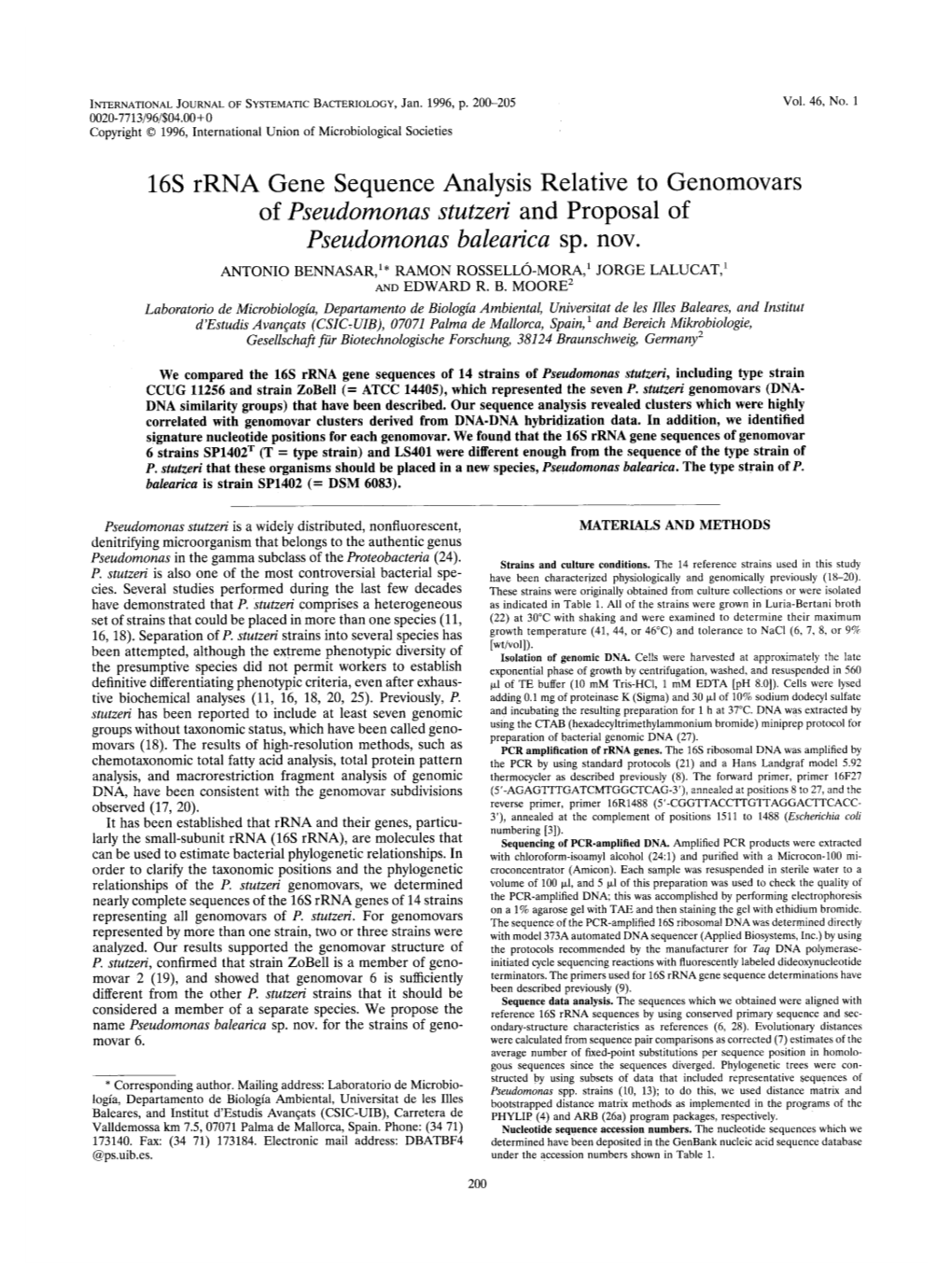 16S Rrna Gene Sequence Analysis Relative to Genomovars of Pseudomonas Stutzen' and Proposal of Pseudomonas Balearica Sp