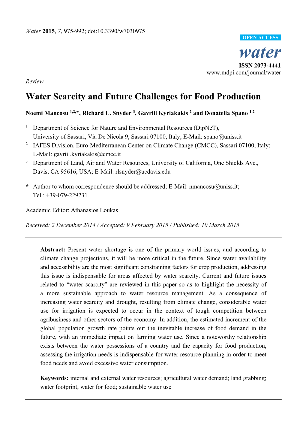 Water Scarcity and Future Challenges for Food Production