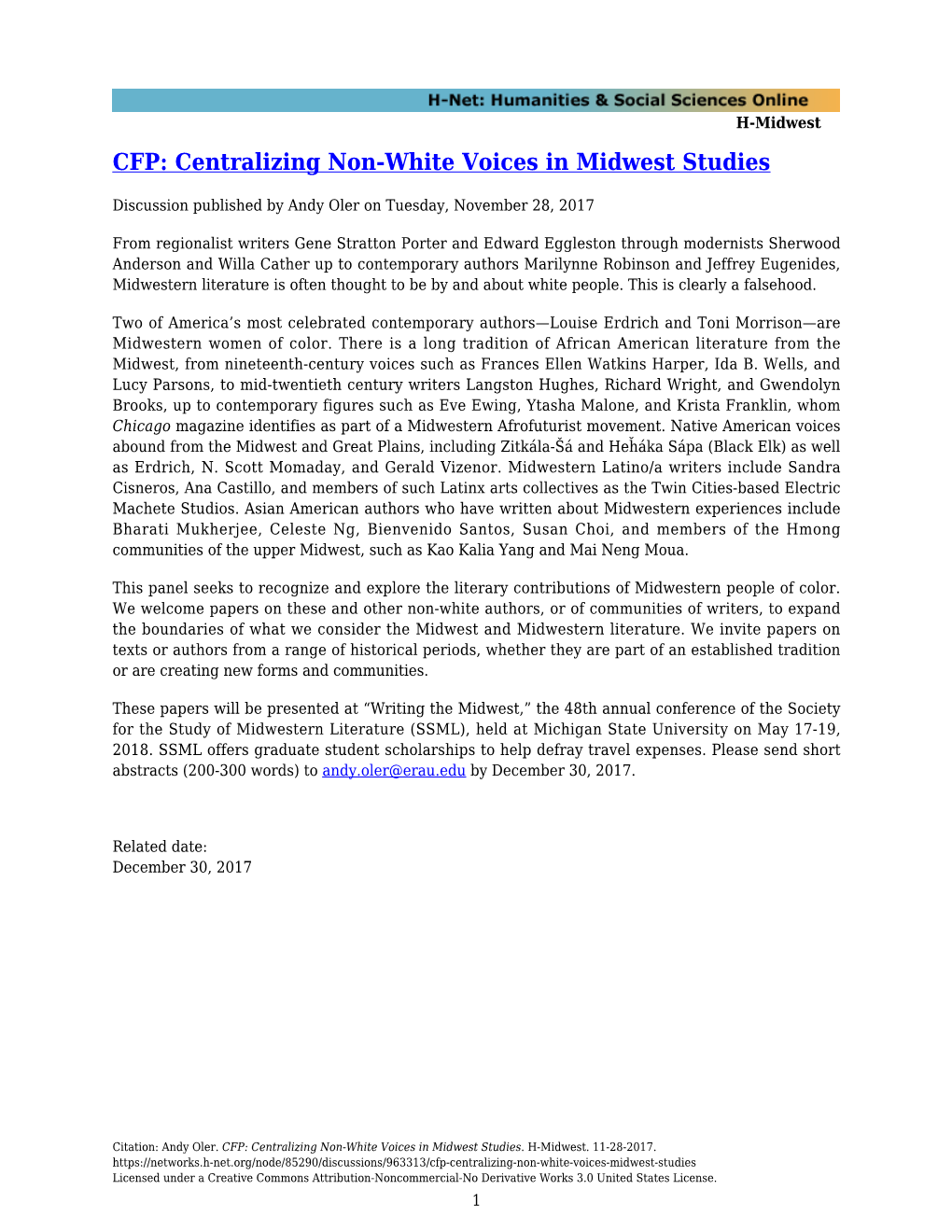 CFP: Centralizing Non-White Voices in Midwest Studies