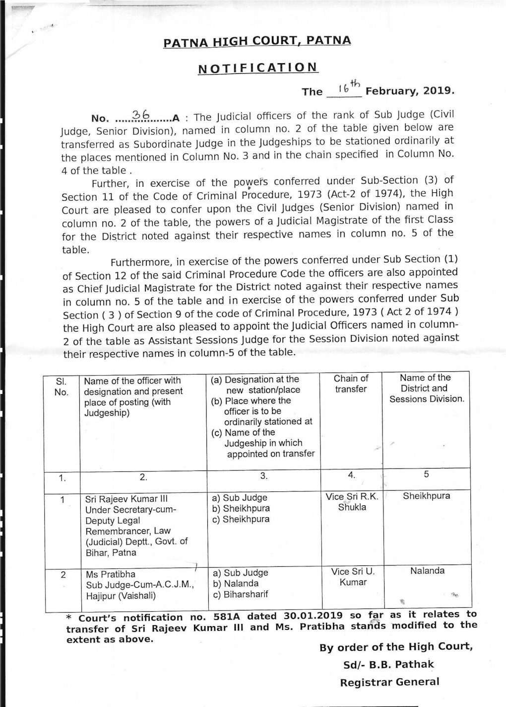 Patna High Court, Patna Notification