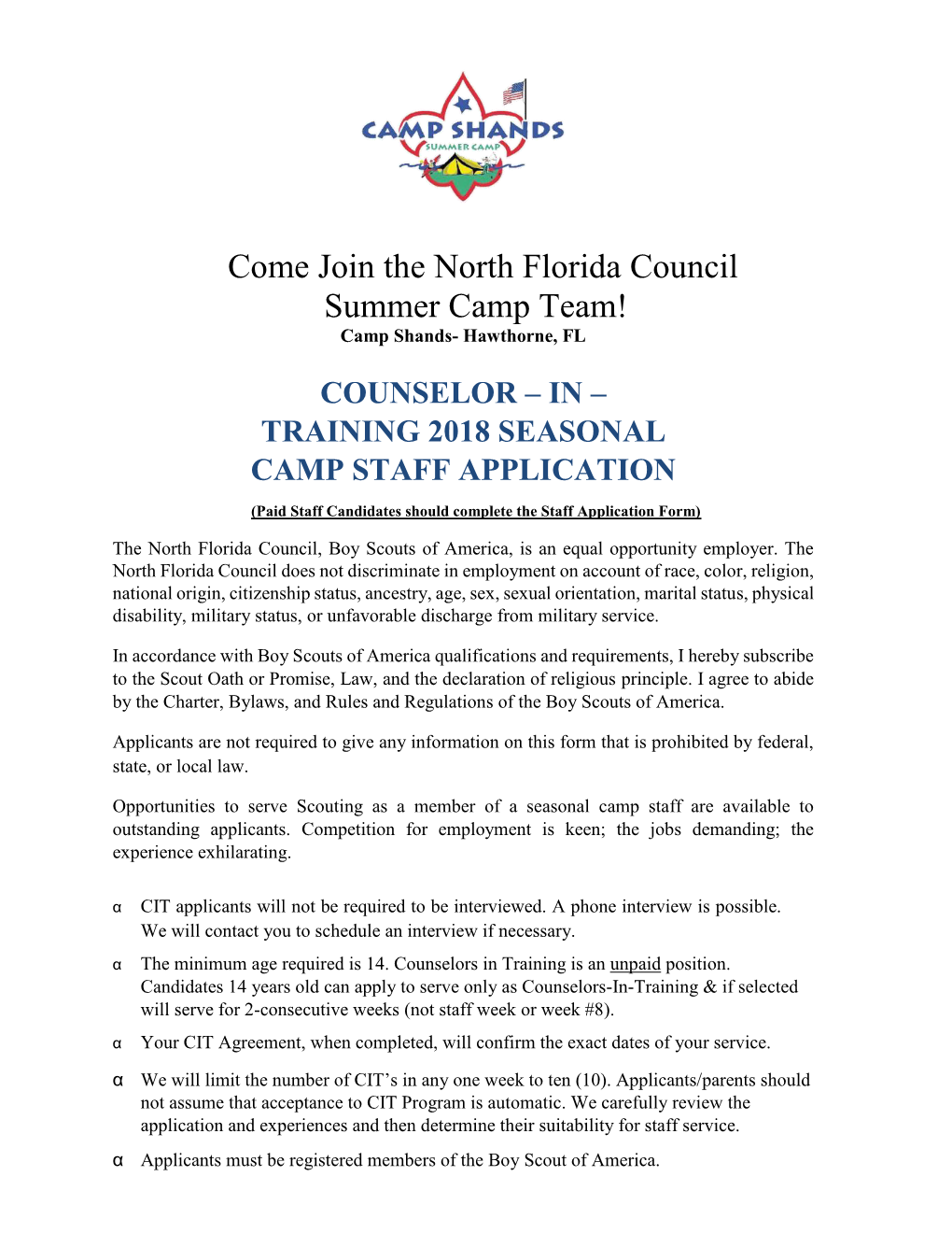 Come Join the North Florida Council Summer Camp Team! Camp Shands- Hawthorne, FL