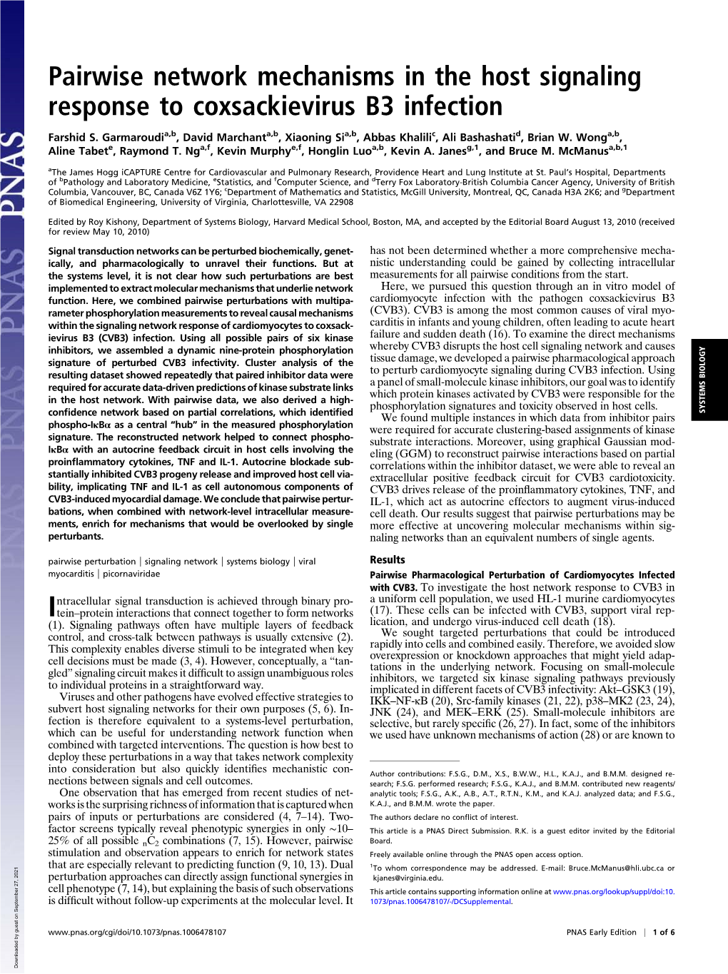 Pairwise Network Mechanisms in the Host Signaling Response to Coxsackievirus B3 Infection