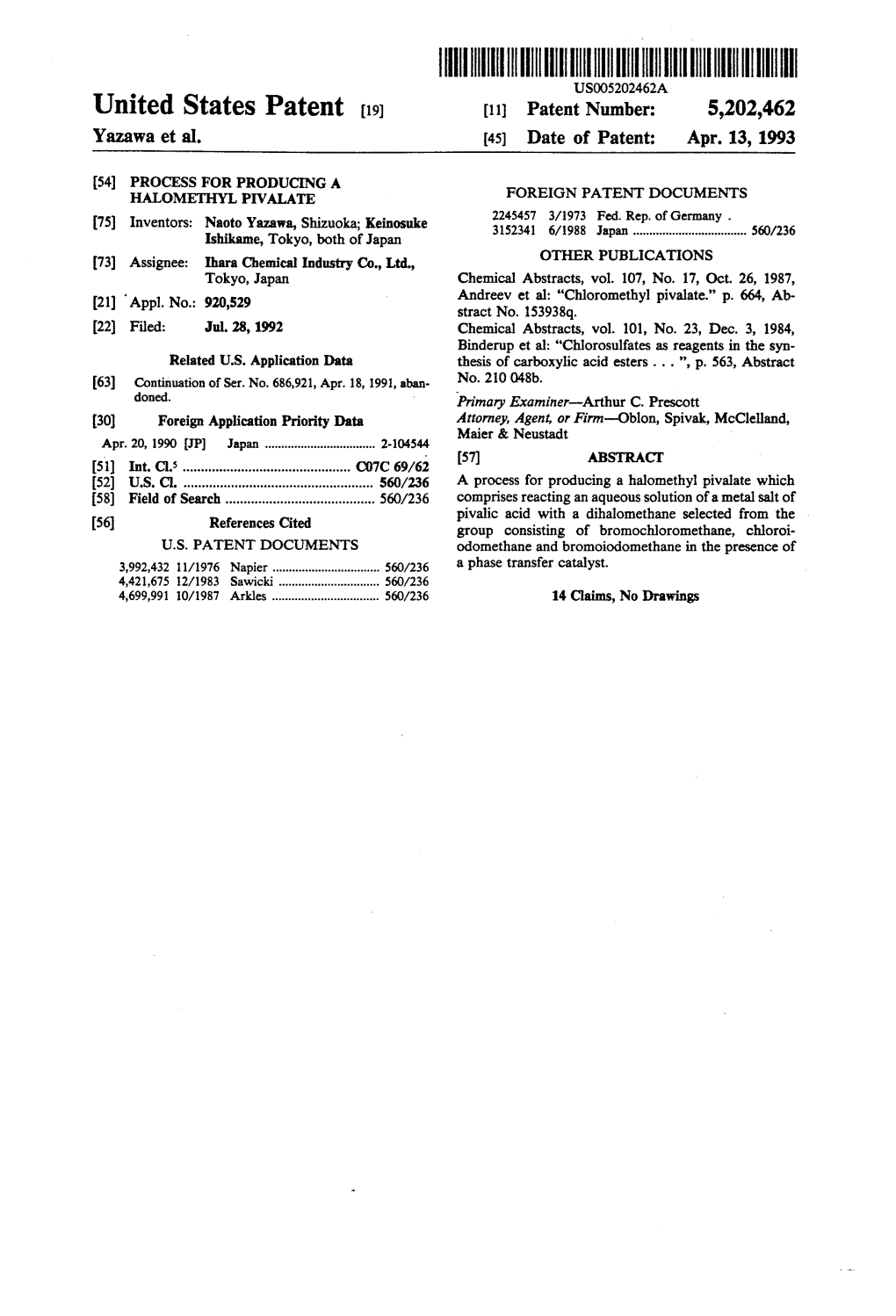IIIHIIII US005202462A United States Patent (19) (11) Patent Number: 5,202,462 Yazawa Et Al