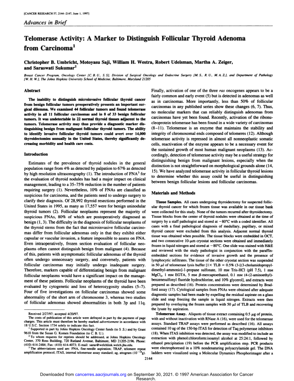 A Marker to Distinguish Follicular Thyroid Adenoma from Carcinoma'