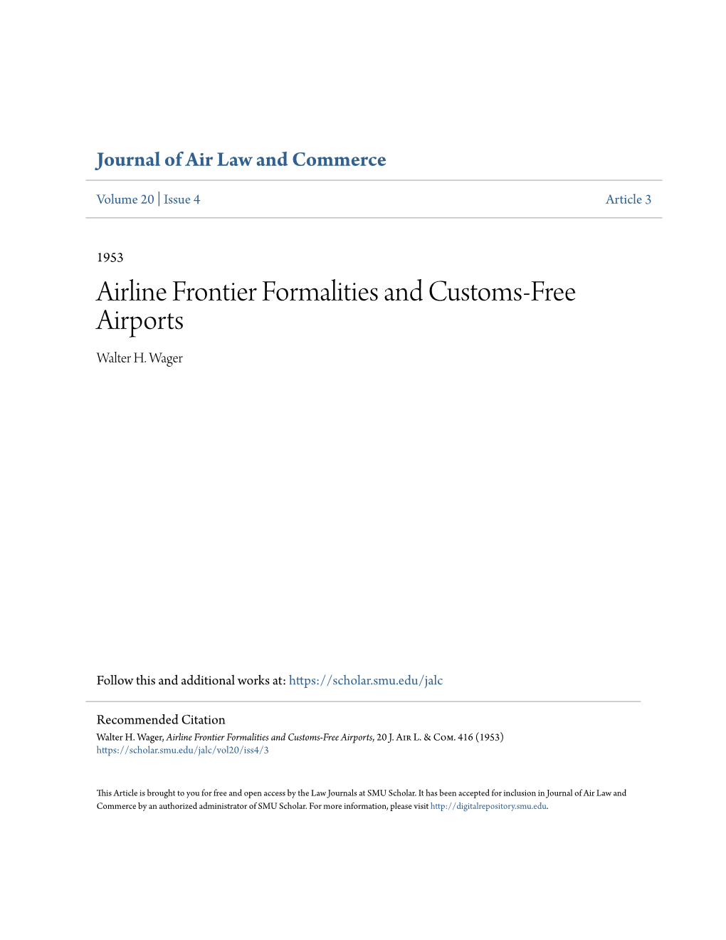 Airline Frontier Formalities and Customs-Free Airports Walter H