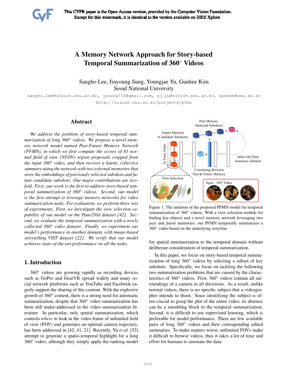 A Memory Network Approach for Story-Based Temporal Summarization of 360◦ Videos