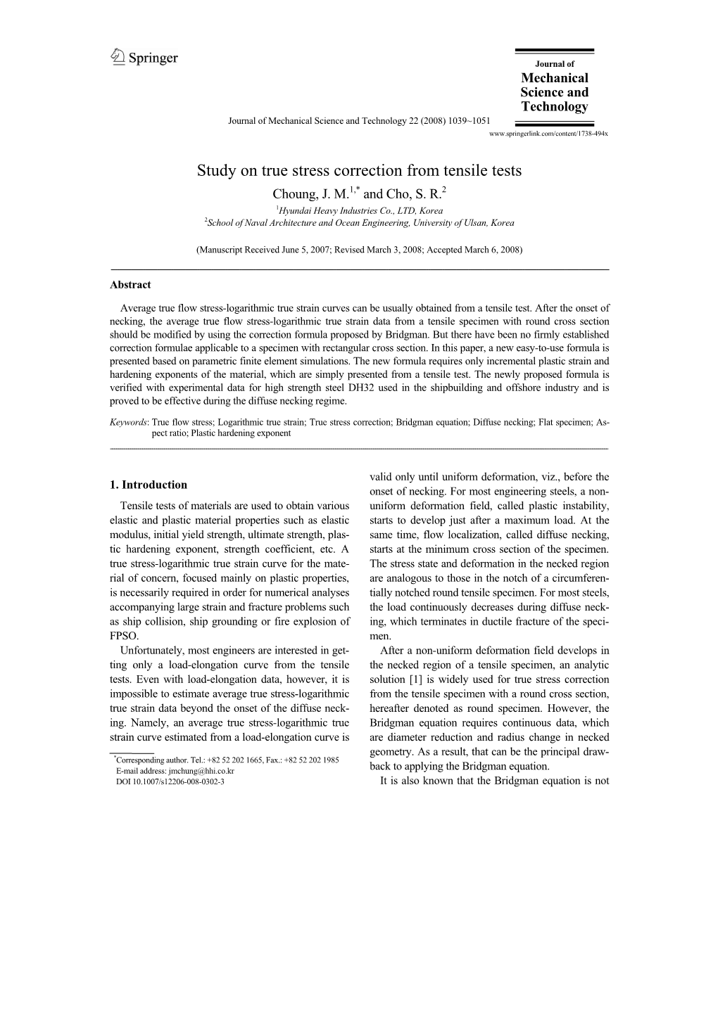 Study on True Stress Correction from Tensile Tests Choung, J