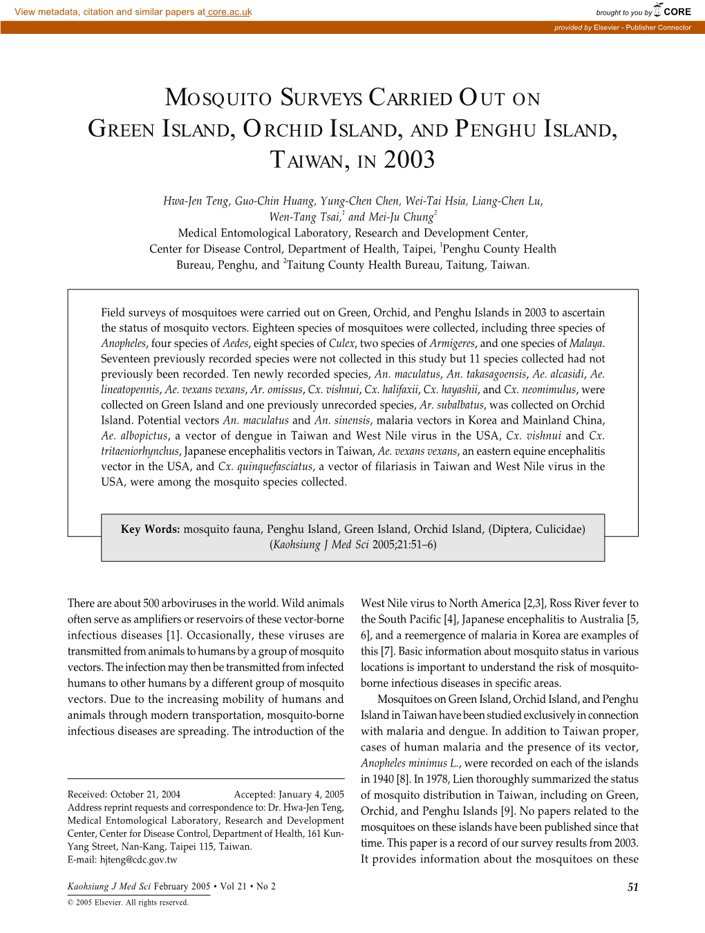 Mosquito Surveys Carried out on Green Island, Orchid Island, and Penghu Island, Taiwan, in 2003