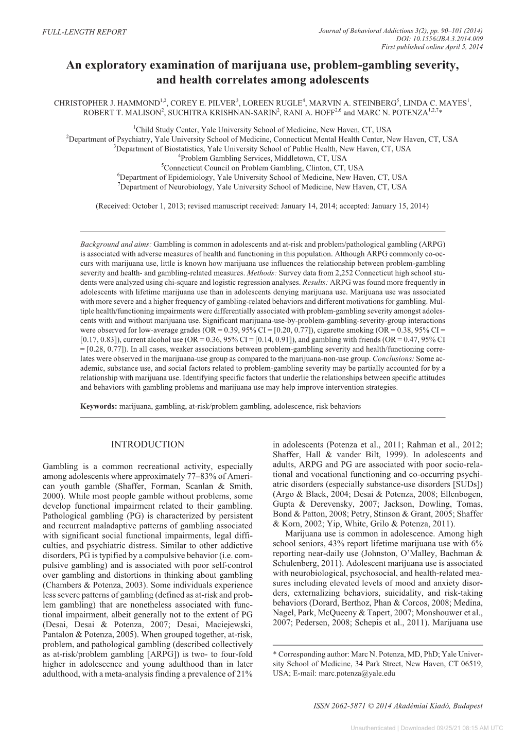 An Exploratory Examination of Marijuana Use, Problem-Gambling Severity, and Health Correlates Among Adolescents