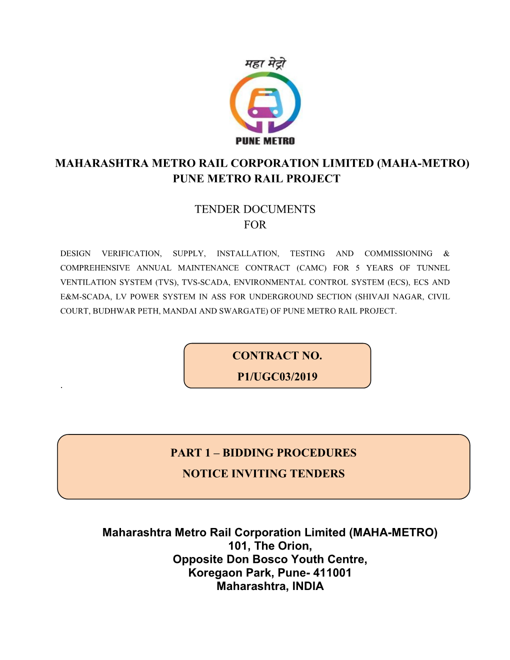 PUNE METRO RAIL PROJECT TENDER DOCUMENTS for Maharashtra Metro Rail Co