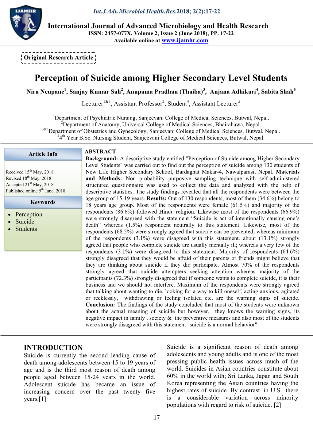 Perception of Suicide Among Higher Secondary Level Students
