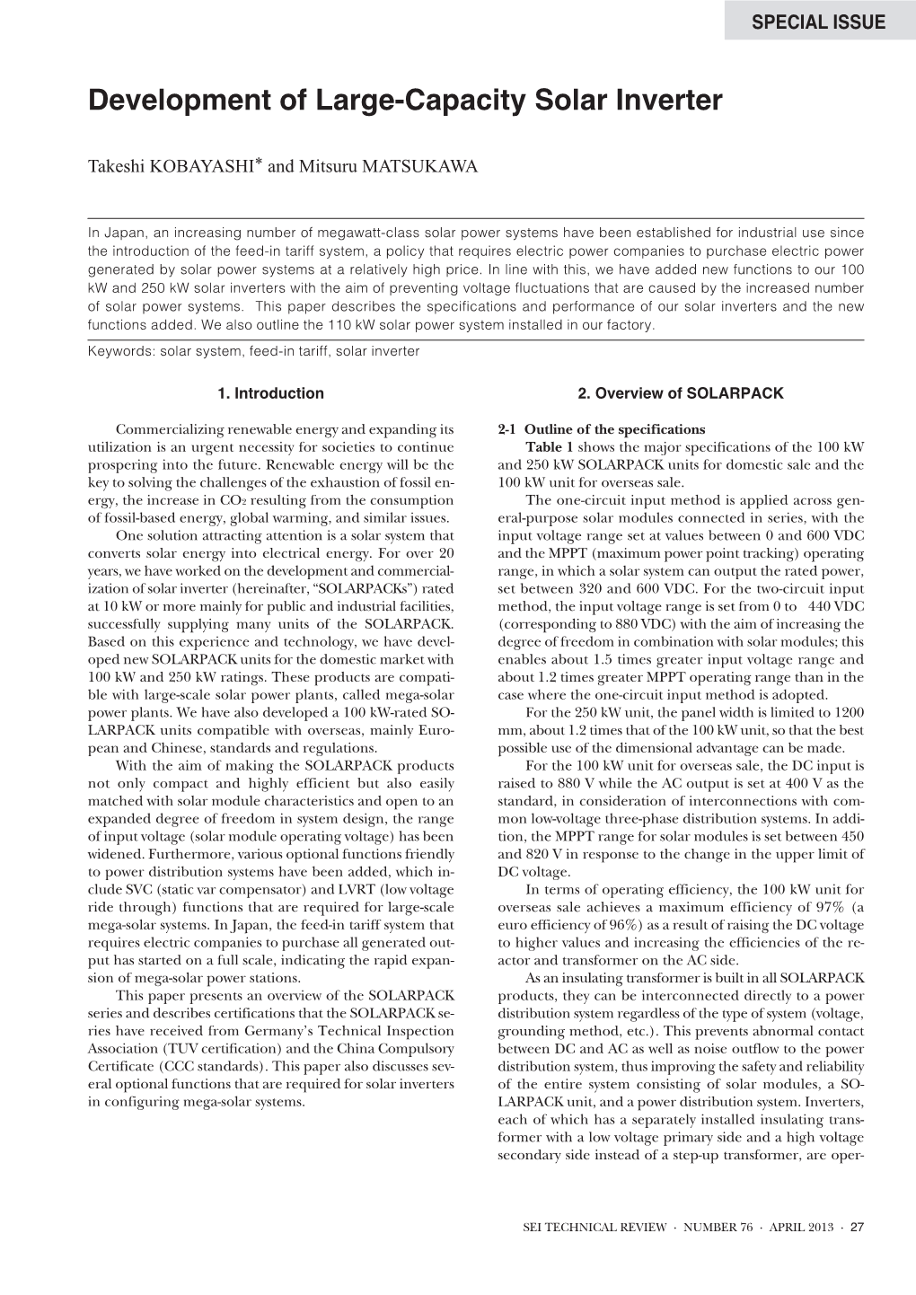 Development of Large-Capacity Solar Inverter