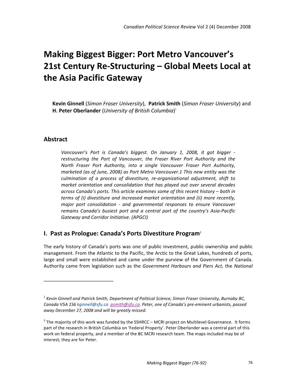 Port Metro Vancouver's 21St Century Re‐Structuring