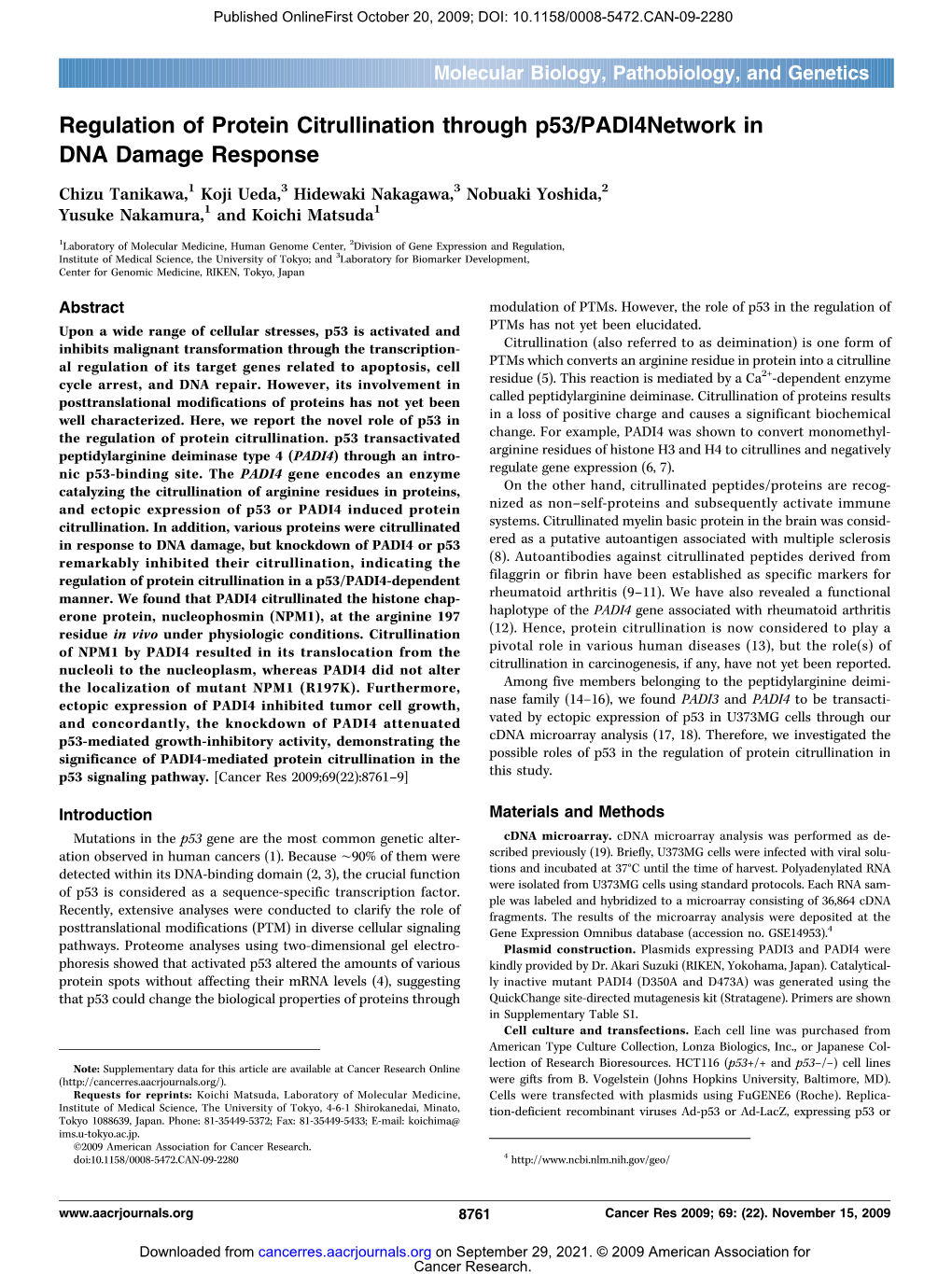 Regulation of Protein Citrullination Through P53/PADI4 Network in DNA Damage Response