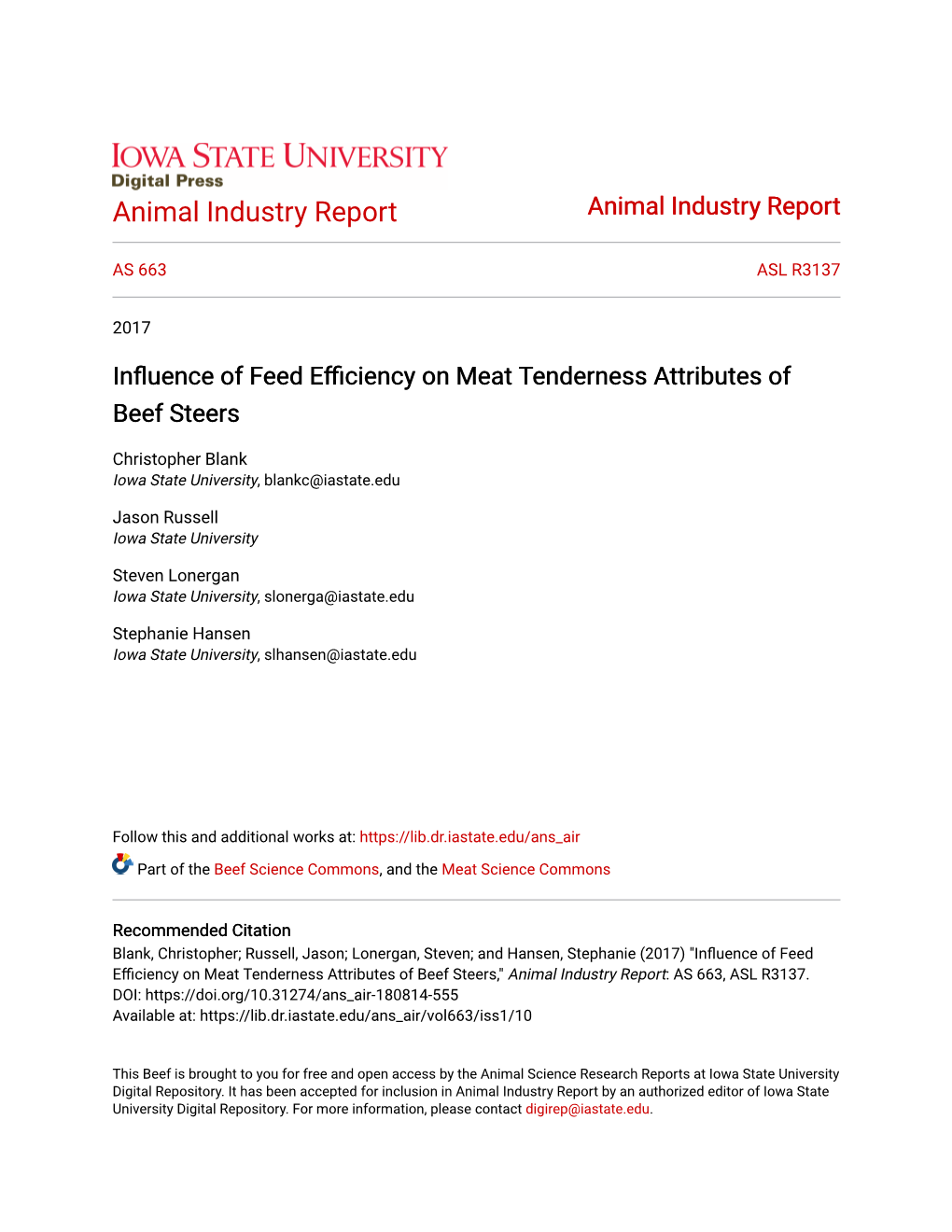 Influence of Feed Efficiency on Meat Tenderness Attributes of Beef Steers