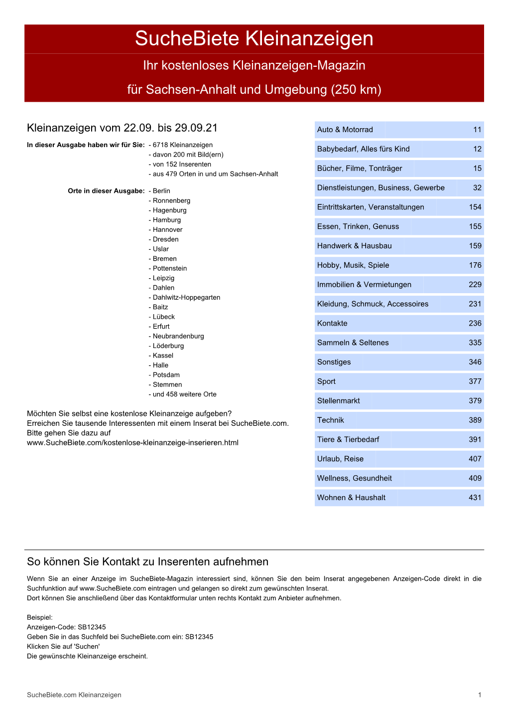 Suchebiete Kleinanzeigenzeitung Sachsen-Anhalt